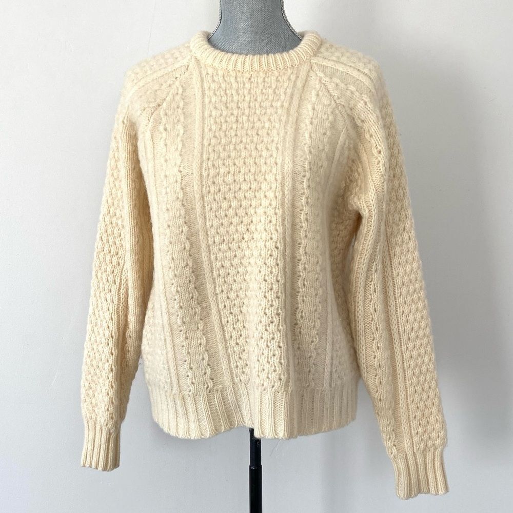 Vintage Malinmore Pure New Wool Knit Sweater Ireland Sz 42 US 10 Cream Fisherman